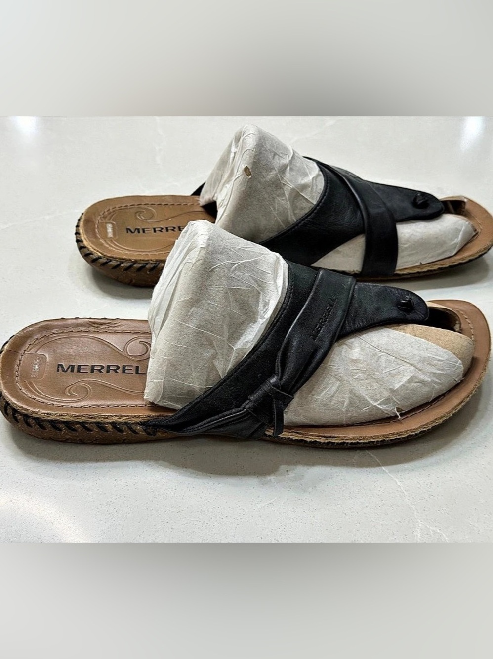 Merrell Whisper Flip Black Leather Comfort Thong Sandals Women's Size 8